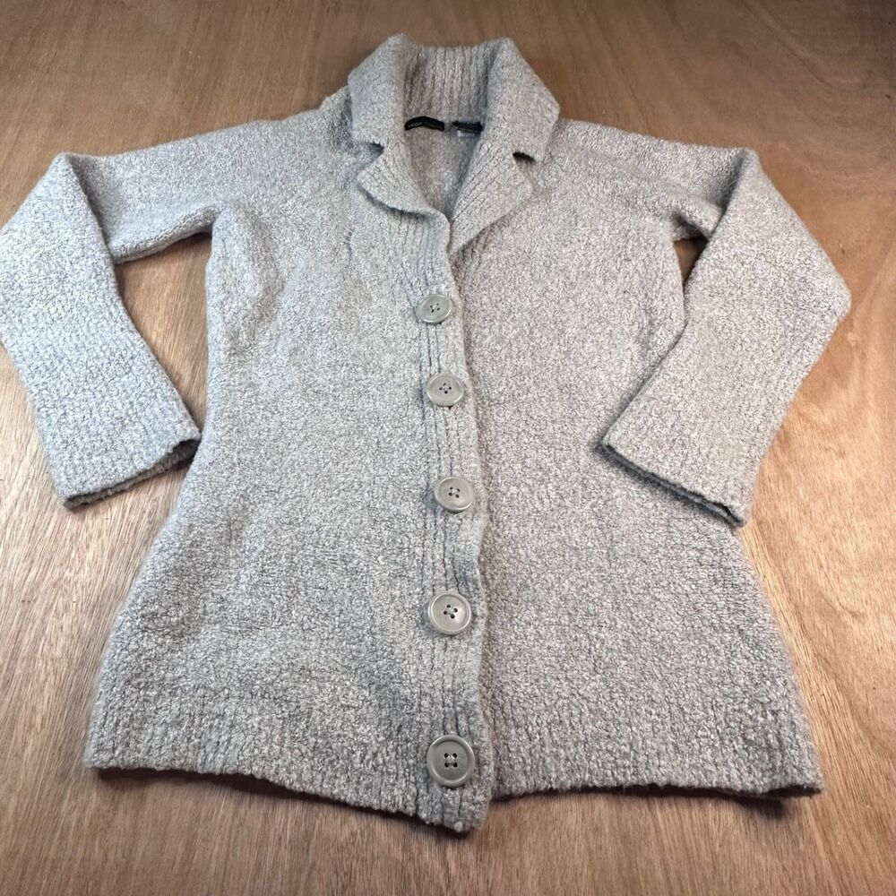 Moda International Wool Blend Boucle Cardigan Gray Brown Button Sweater L